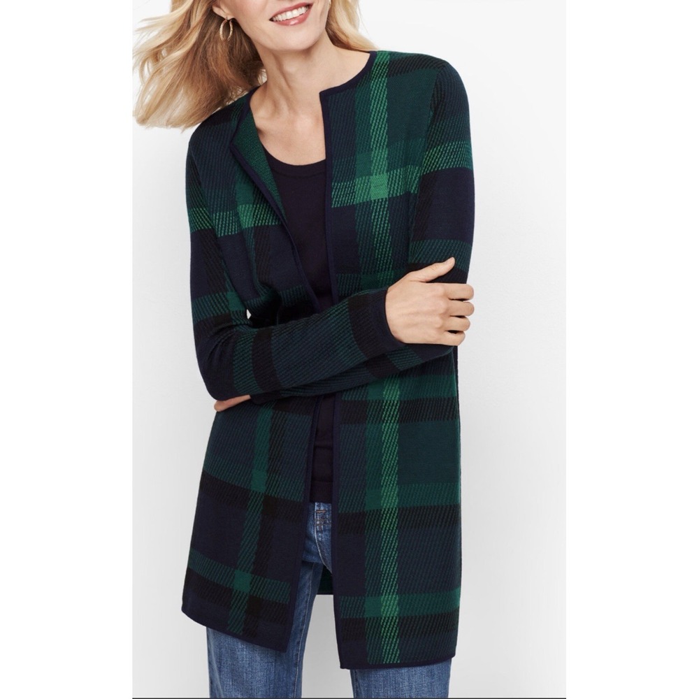 TALBOTS Sweater Sz 2XP Blue Green Tartan Plaid Pure Merino Wool Open Cardigan
